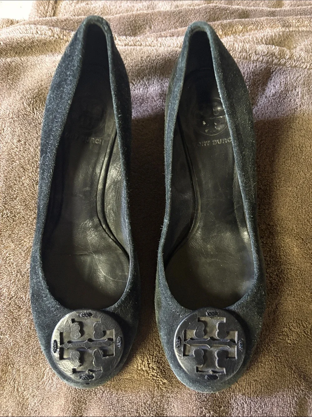 Tory Burch Black Suede Logo Round-Toe Flats